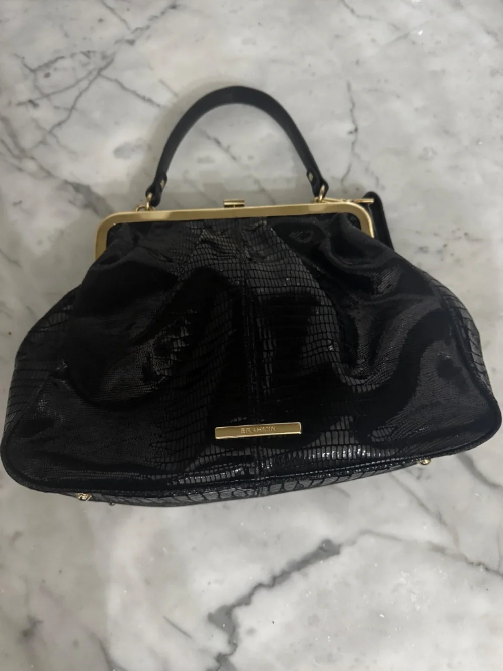 Brahmin Black Embossed Leather Frame Satchel Shoulder Bag Gold Hardware